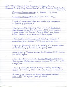 Zerowork. Peter Linebaugh’s handwritten index of materials deposited at MayDay Rooms. Page one. 28 January 2013.