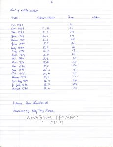 Zerowork. Peter Linebaugh’s handwritten index of materials deposited at MayDay Rooms. Page two. 28 January 2013.