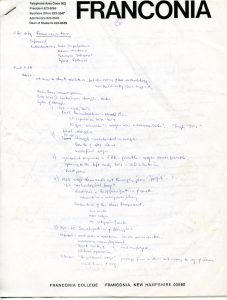Handwritten minutes from meeting with Mario Montano, Paolo Carpignano, François Godement, Silvia Federici. Undated. A4 Page 1 of 3. The Franconia file consists of Peter Linebaugh's personal correspondence straddling NEPA news and Zerowork whilst employed at Franconia College, New Hampshire, USA Deposited by Peter Linebaugh with MayDay Rooms June 2013.