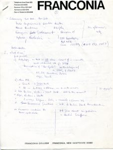 Handwritten notes from meeting with Mario Montano, Paolo Carpignano, François Godement, Silvia Federici. Undated. A4 Page 1 of 3. The Franconia file consists of Peter Linebaugh's personal correspondence straddling NEPA news and Zerowork whilst employed at Franconia College, New Hampshire, USA Deposited by Peter Linebaugh with MayDay Rooms June 2013.