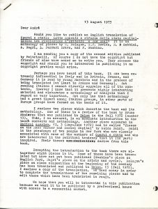 Letter. “Dear Andre...Would you like to publish..”. 13 August 1973. Page 1 of 2. A4. Franconia File. The Franconia file consists of Peter Linebaugh's personal correspondence straddling NEPA news and Zerowork whilst employed at Franconia College, New Hampshire, USA Deposited by Peter Linebaugh with MayDay Rooms June 2013.