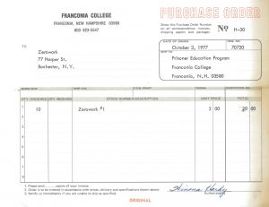 Receipt. 10 Copies of Zerowork to the Prisoner Education Program at Franconia College, New Hampshire, USA. Dated October 3 1977. Deposited by Peter Linebaugh with MayDay Rooms June 2013.
