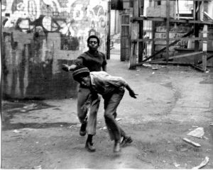 Where is the Gaiety? Still Images. Teenagers. 1973. Teenagers running towards camera. Deposited with MayDay Rooms by Wilf Thust. December, 2013. Keywords: inside/outside, enclosed/free, watched/self-determined, no job/no intent…..
