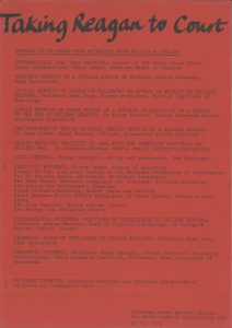Greenham Common Women’s Peace Camp. ‘Taking Reagan To Court’, Dossier, n.d. Deposited by Gwyn Kirk, 27 May 2014.