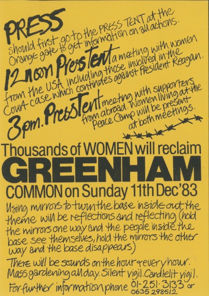 Greenham Common Women’s Peace Camp. ‘Reclaim Greenham Common’ flyer, 1983. Deposited by Gwyn Kirk, 27 May 2014.